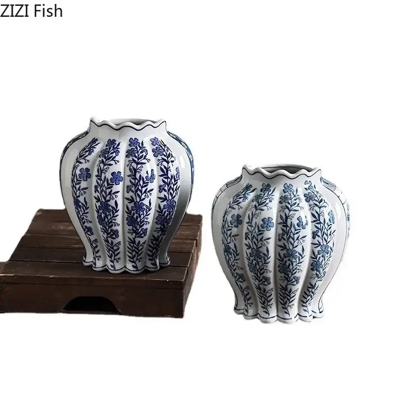 Blue & white porcelain vase set with artificial flowers desk decor