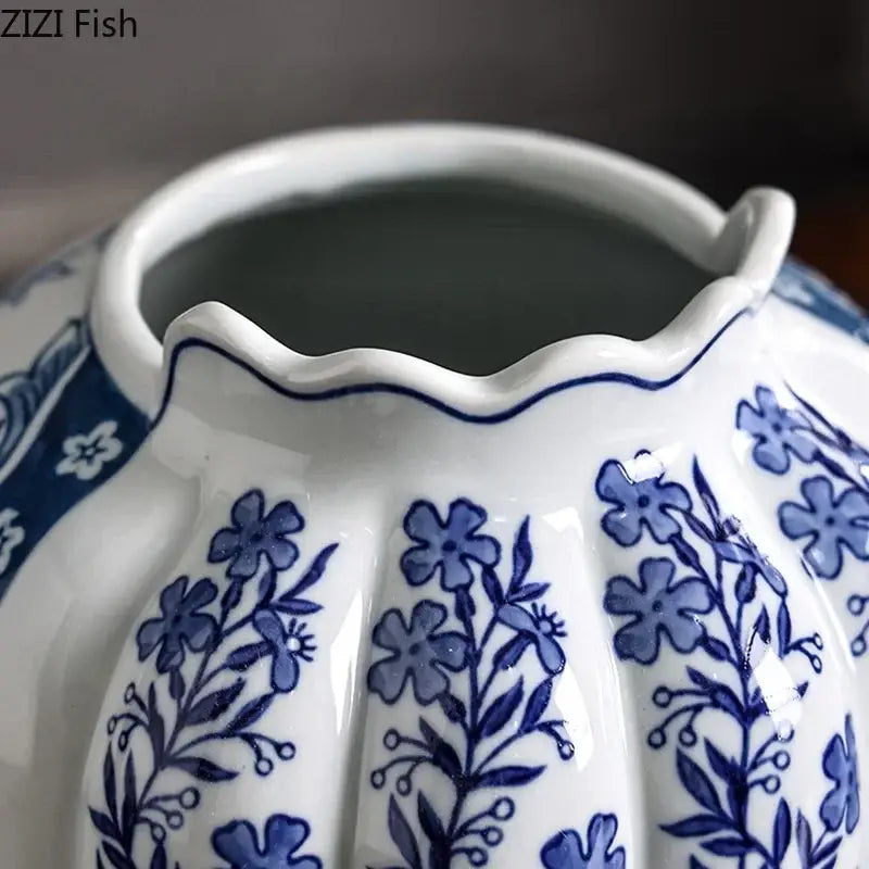 Blue & white porcelain vase set with artificial flowers desk decor