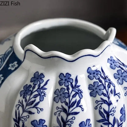 Blue & white porcelain vase set with artificial flowers desk decor