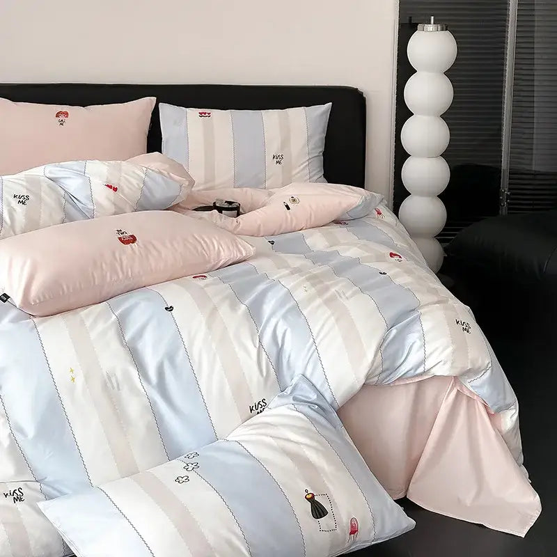 Blue & white striped embroidered kiss me duvet cover set bedroom