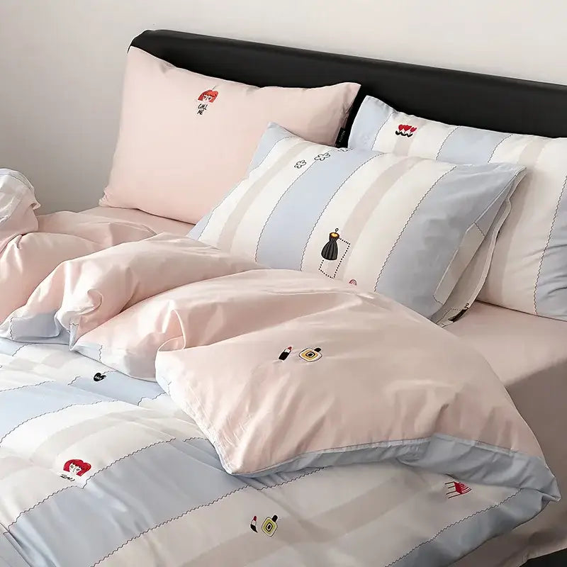 Blue & white striped embroidered kiss me duvet cover set bedroom