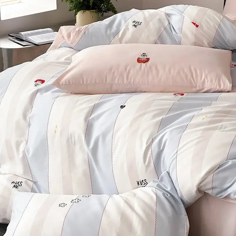 Blue & white striped embroidered kiss me duvet cover set bedroom