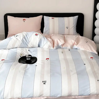 Blue & white striped embroidered kiss me duvet cover set bedroom