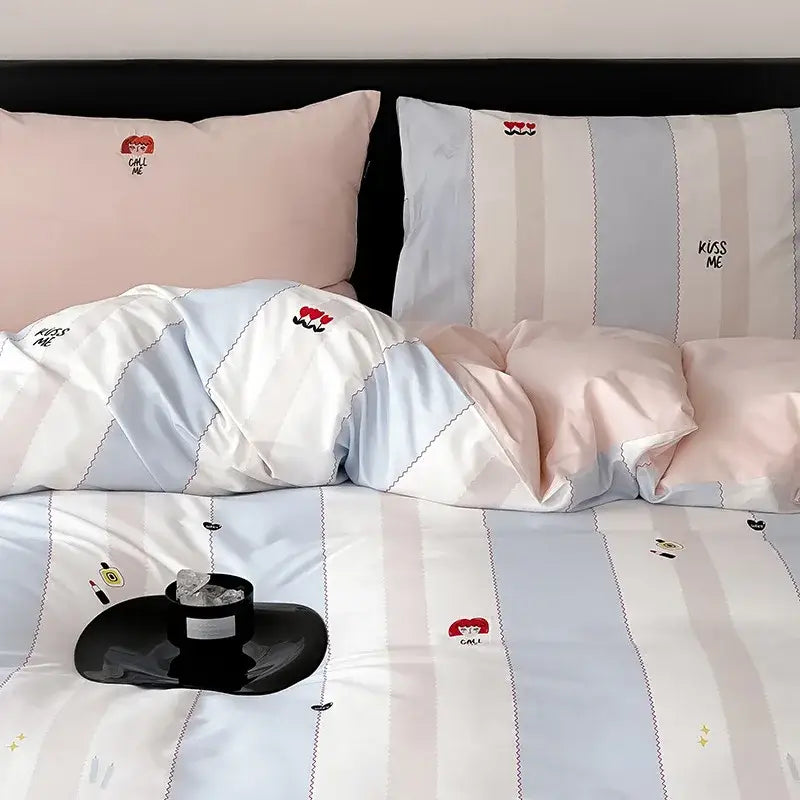 Blue & white striped embroidered kiss me duvet cover set bedroom