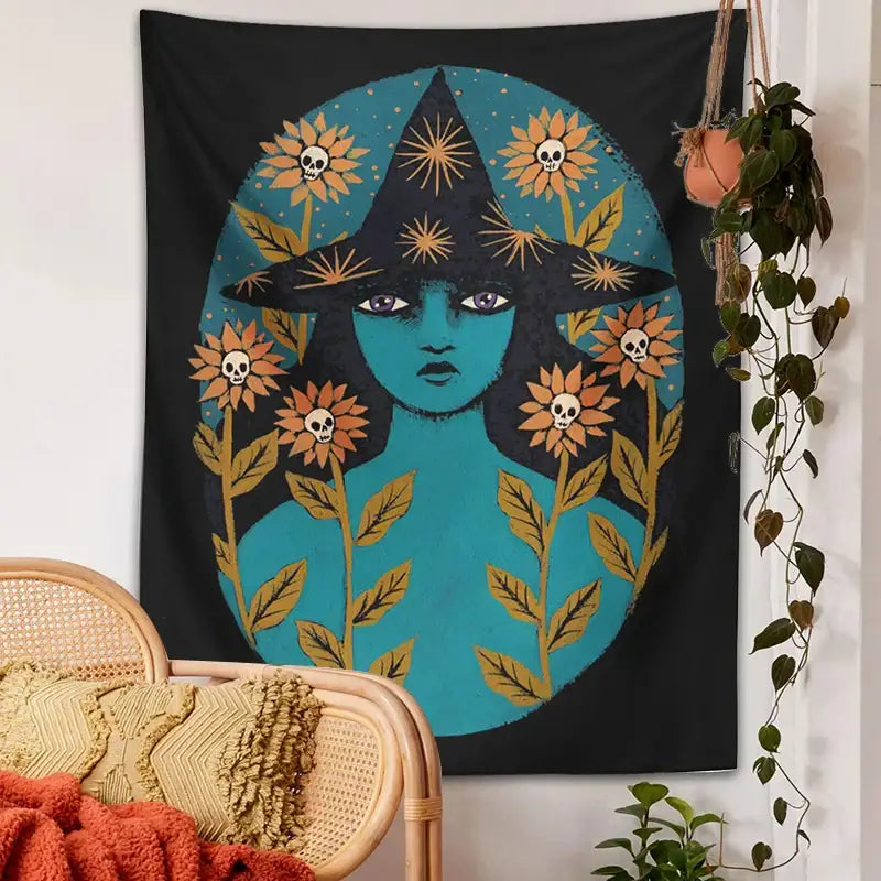 Blue witches botanical tapestry – bedroom aesthetic magic wall art