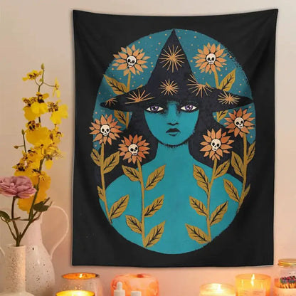 Blue witches botanical tapestry – bedroom aesthetic magic wall art