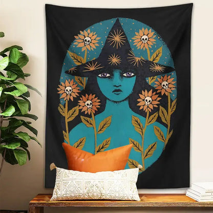 Blue witches botanical tapestry – bedroom aesthetic magic wall art