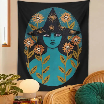 Blue witches botanical tapestry – bedroom aesthetic magic wall art