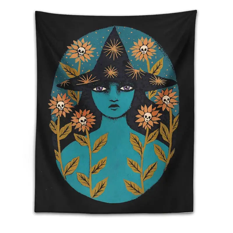 Blue witches botanical tapestry – bedroom aesthetic magic wall art