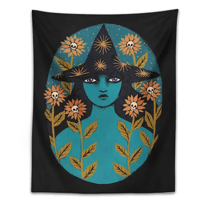 Blue witches botanical tapestry – bedroom aesthetic magic wall art