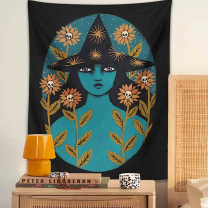 Blue witches botanical tapestry – bedroom aesthetic magic wall art