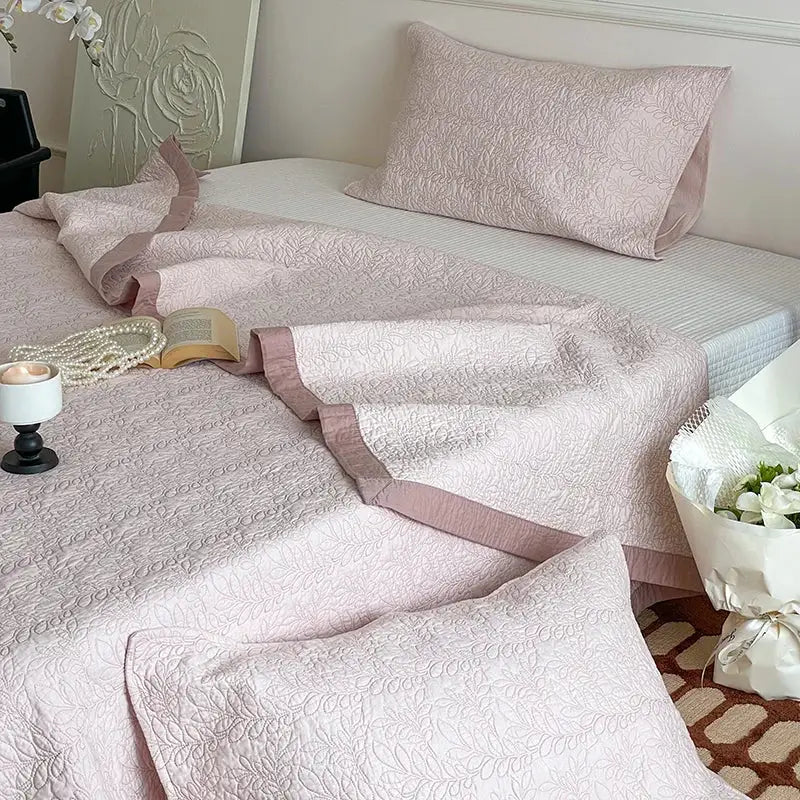 Blush pink cotton quilted bedspread set for bedroom