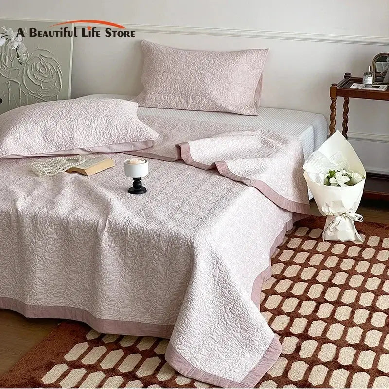 Blush pink cotton quilted bedspread set for bedroom