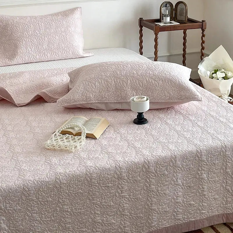 Blush pink cotton quilted bedspread set for bedroom