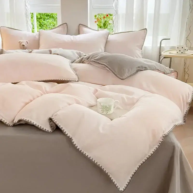 Blush pink & gray cotton bedding set bedroom zigzag stitch cover