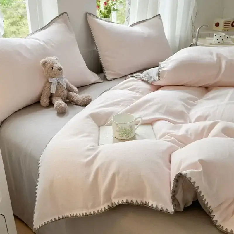 Blush pink & gray cotton bedding set bedroom zigzag stitch cover