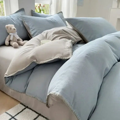 Blush pink & gray cotton bedding set bedroom zigzag stitch cover