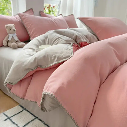 Blush pink & gray cotton edge embroidery bedding set bedroom duvet