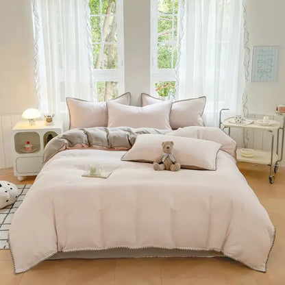 Blush pink & gray cotton edge embroidery bedding set bedroom duvet
