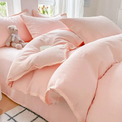 Blush pink & gray cotton edge embroidery bedding set bedroom duvet