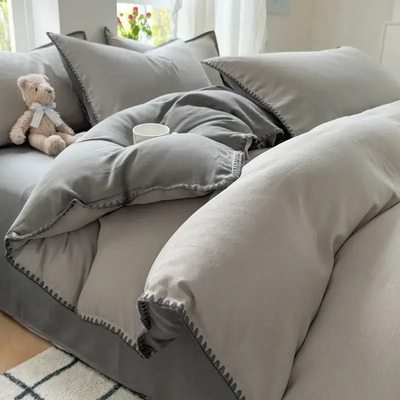 Blush pink & gray cotton edge embroidery bedding set bedroom duvet