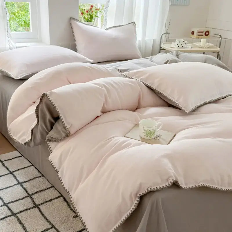 Blush pink & gray cotton edge embroidery bedding set bedroom duvet