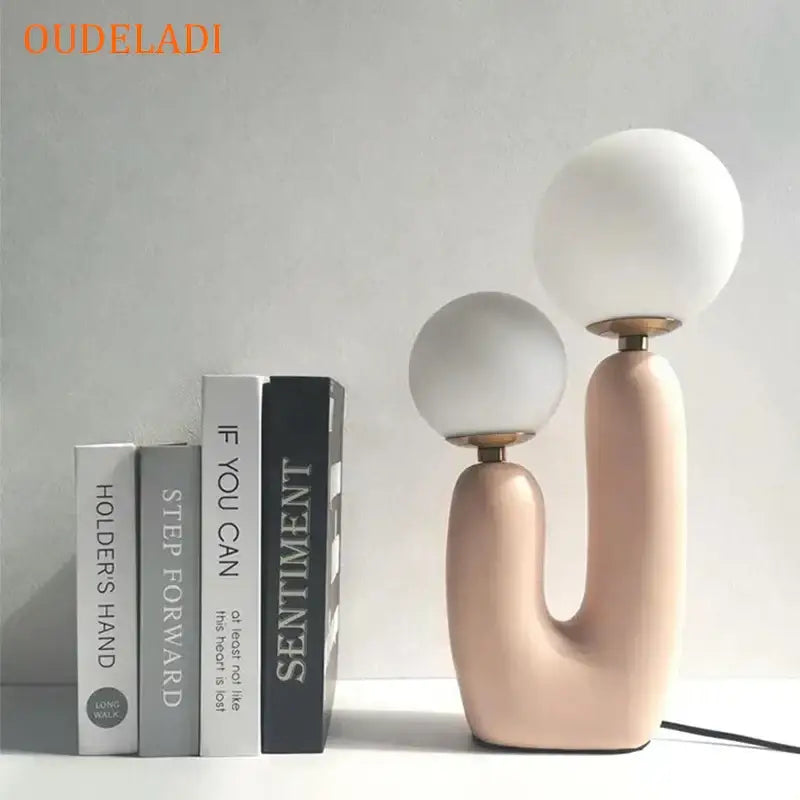 Blush pink & white glass ball led table lamp for bedroom