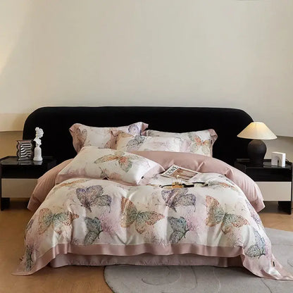 Blush rose eucalyptus fiber flowers bedding set bedroom satin soft