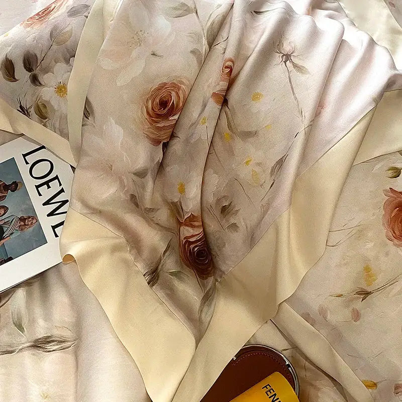 Blush rose eucalyptus fiber flowers bedding set bedroom satin soft
