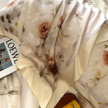 Blush rose eucalyptus fiber flowers bedding set bedroom satin soft