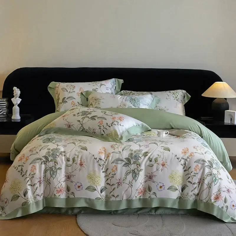 Blush rose eucalyptus fiber flowers bedding set bedroom satin soft