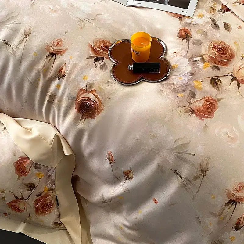 Blush rose eucalyptus fiber flowers bedding set bedroom satin soft