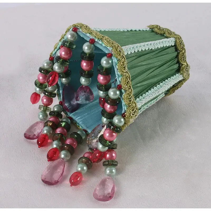 Bohemia emerald green cloth pleated lampshade bedroom decor with beads