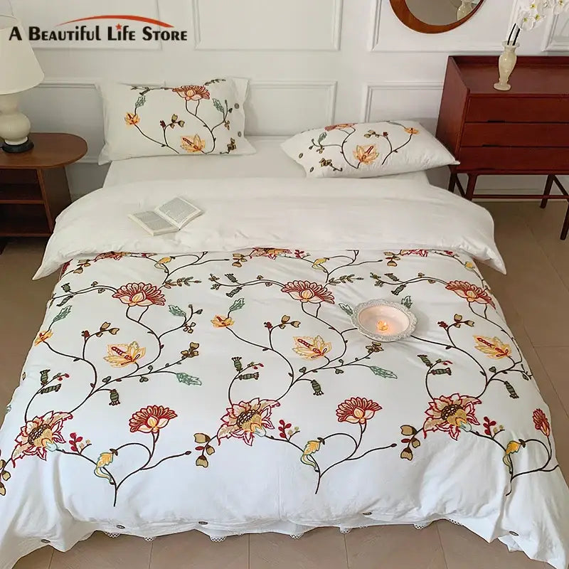 Bohemia floral embroidery white cotton duvet cover bedding set bedroom
