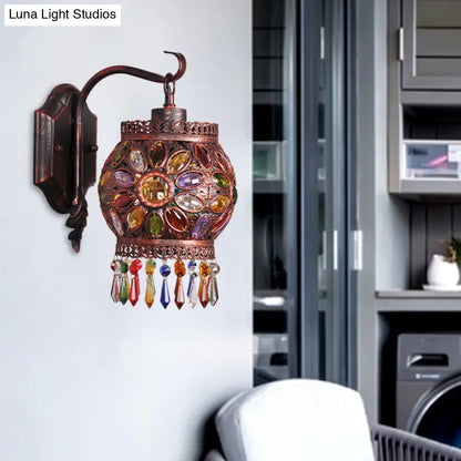 DecorBites™ Bohemia Lantern Wall Sconce Metal 1-Light Lamp with Crystal Flower Design, Antique Copper