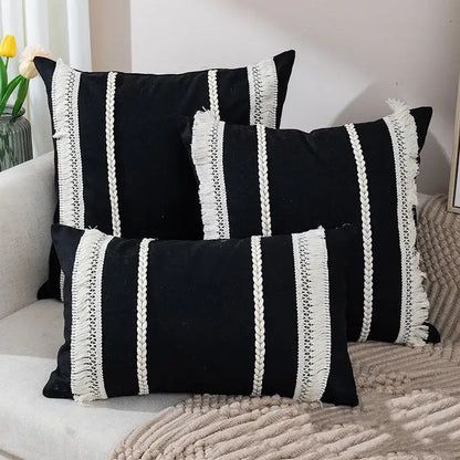 Bohemia tassel cushion cover black & white velvet living room pillow