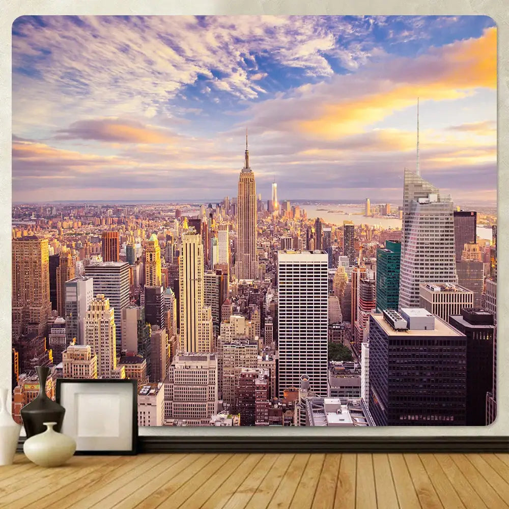 Bohemian art tapestry empire state cityscape living room blanket