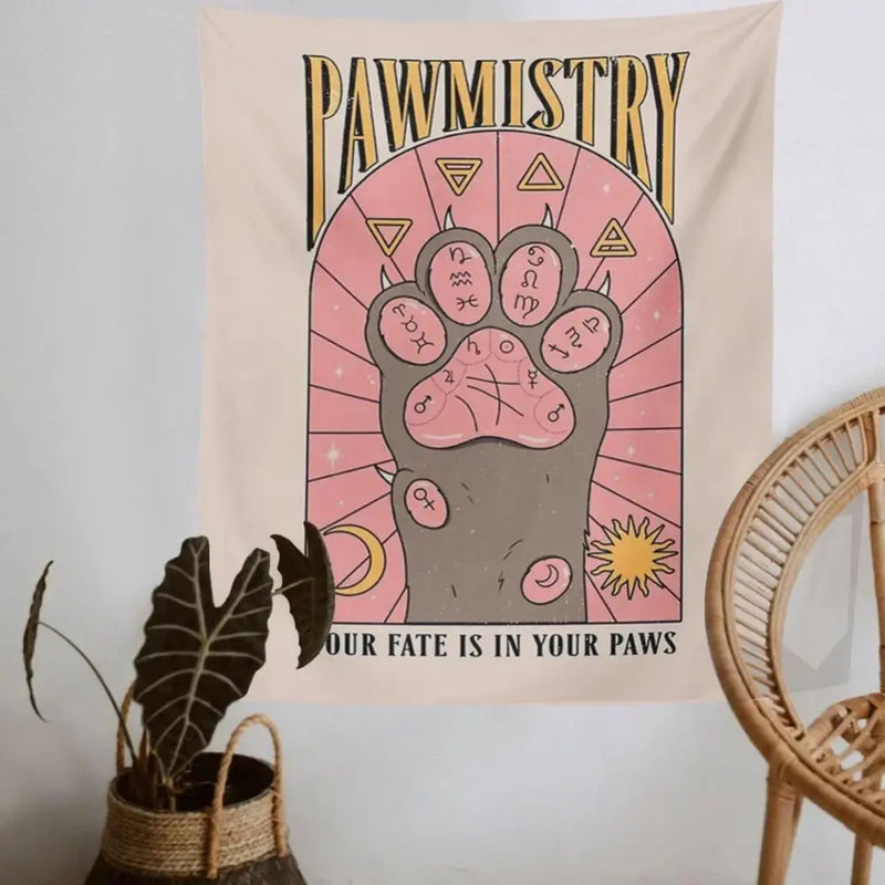 Bohemian beige and pink cat paws tarot tapestry bedroom wall decor