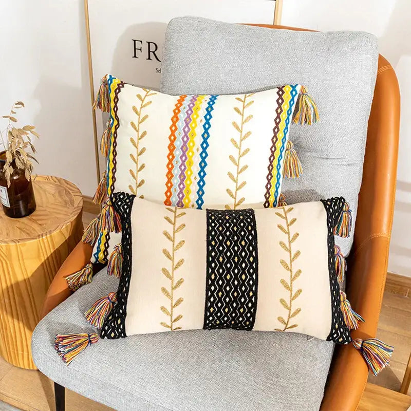 Bohemian beige & black cotton embroidery cushion cover living room