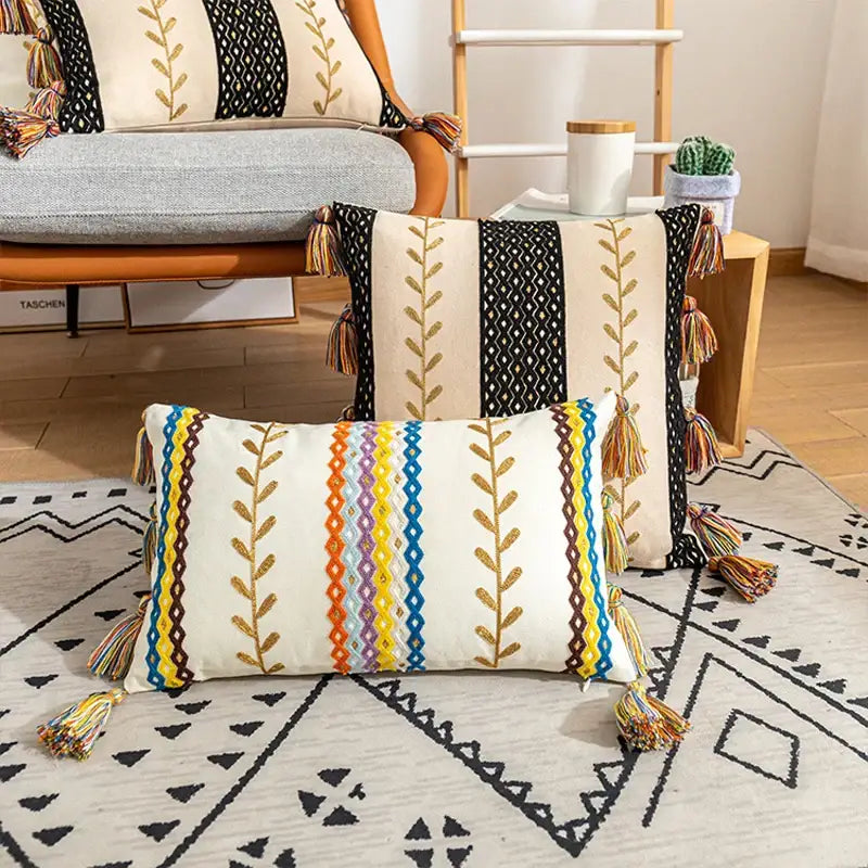 Bohemian beige & black cotton embroidery cushion cover living room