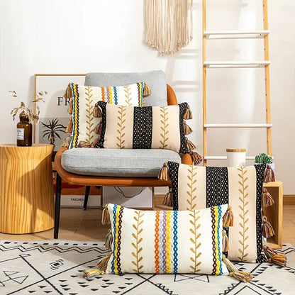 Bohemian beige & black cotton embroidery cushion cover living room