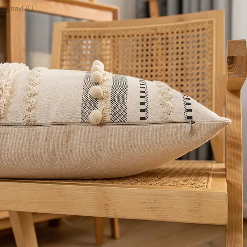 Bohemian beige cushion cover – living room tasseled throw pillow