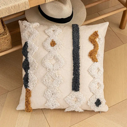 Bohemian beige cushion cover – living room tasseled throw pillow