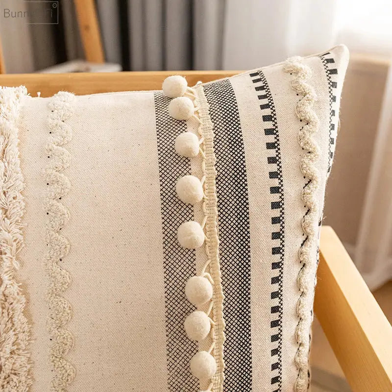 Bohemian beige cushion cover – living room tasseled throw pillow