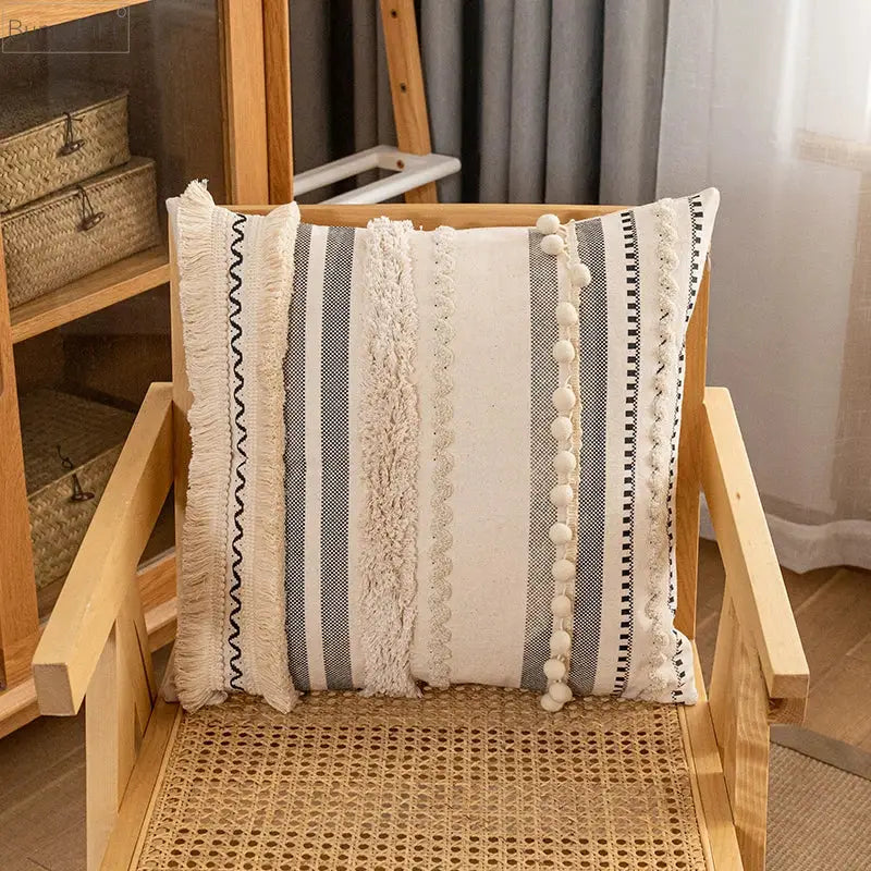Bohemian beige cushion cover – living room tasseled throw pillow