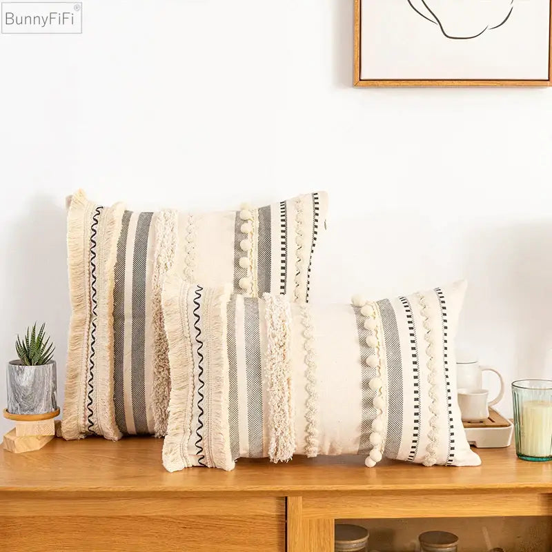 Bohemian beige cushion cover – living room tasseled throw pillow