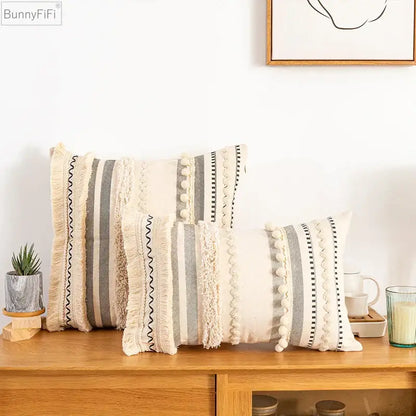 Bohemian beige cushion cover – living room tasseled throw pillow