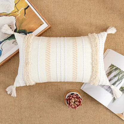 Bohemian beige striped cushion cover with tassels for living room
