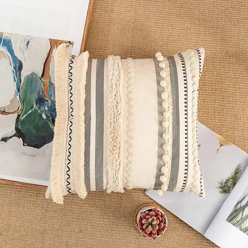 Bohemian beige striped cushion cover with tassels for living room
