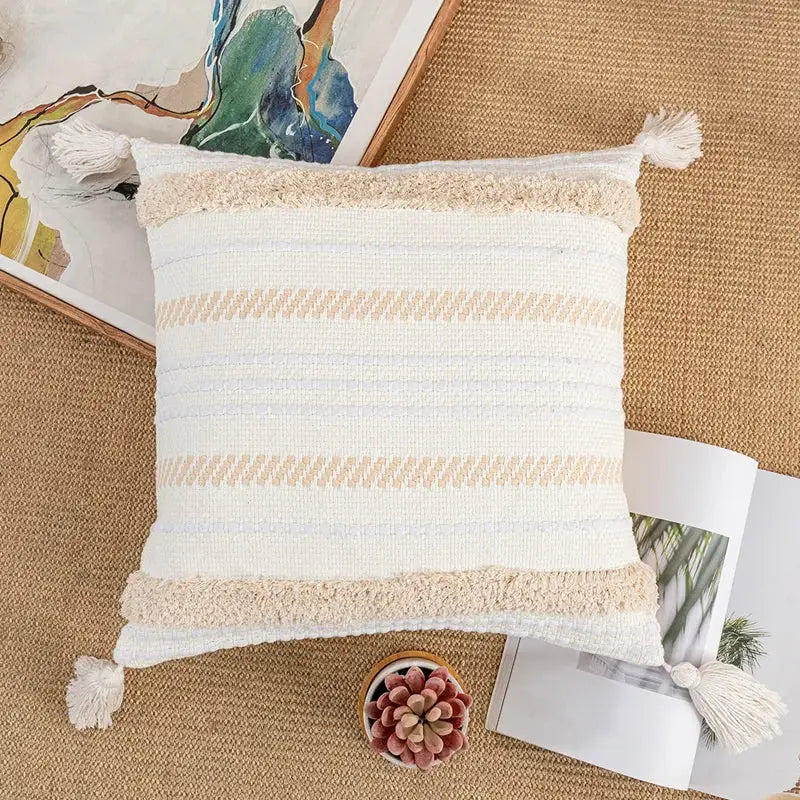 Bohemian beige striped cushion cover with tassels for living room